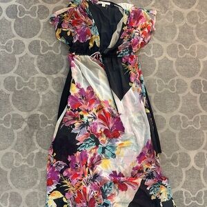 Boston Proper Maxi sheer Tropical Floral Maxi Dress w black slip